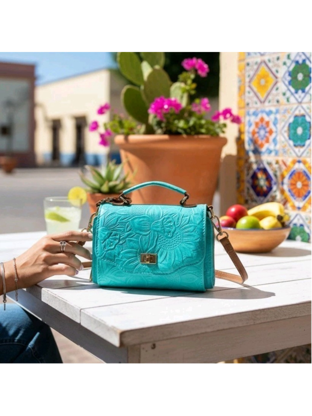 Aqua Green Blue Sunflower Embossed Tooled Artisan LEATHER Crossbody Purse Wallet
